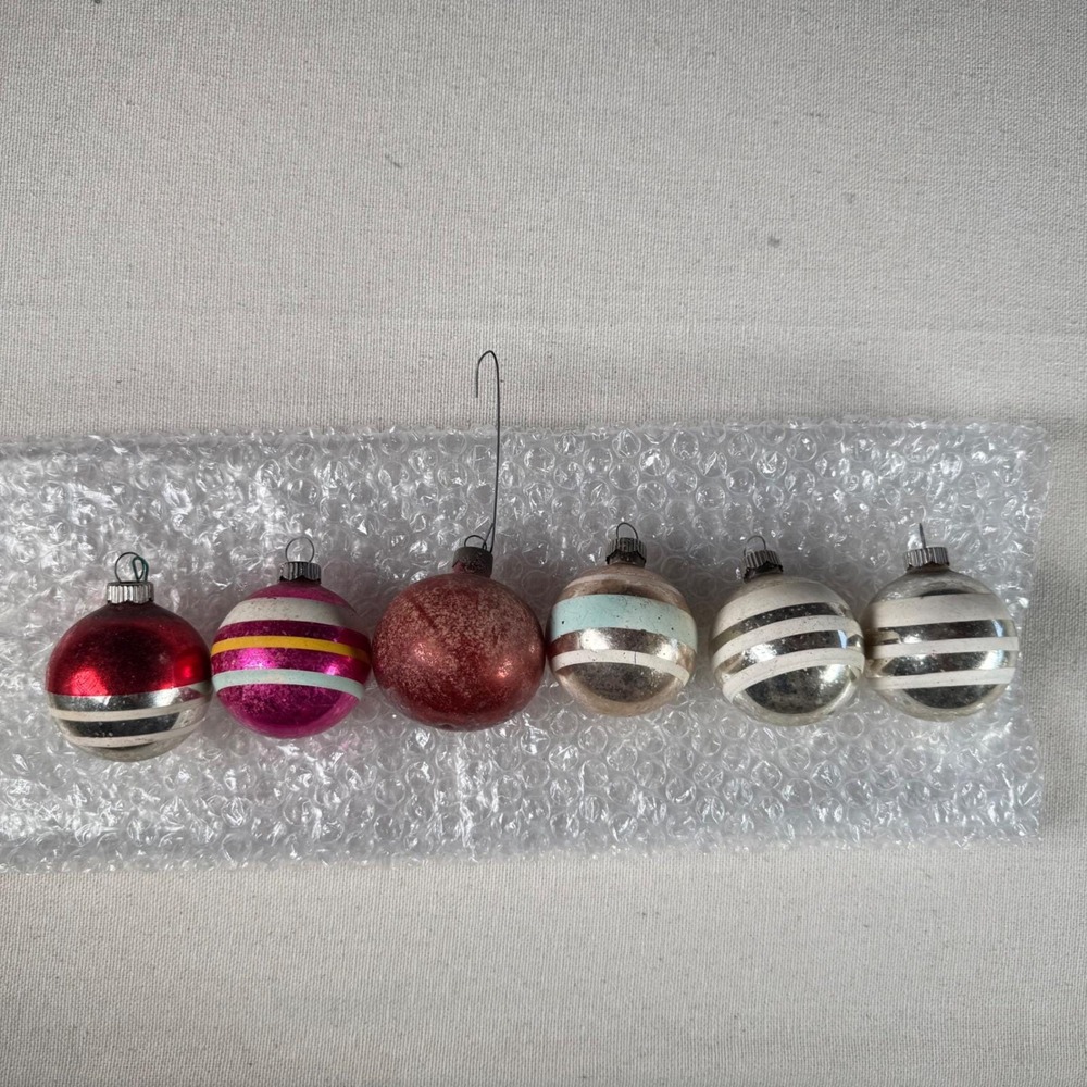Vintage Glass Christmas Ornaments Set of 6 Striped Glitter Mid Century Retro